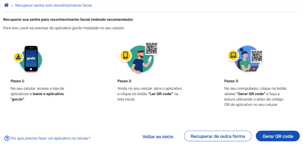 Tela de recuperação de senha do gov.br com reconhecimento facial, mostrando os passos para ler e gerar QR code no celular e no computador.
