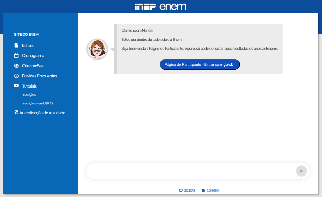 Tela da Página do Participante do Enem (INEP) com menu lateral e botão “Página do Participante – Entrar com gov.br” para consultar resultados.