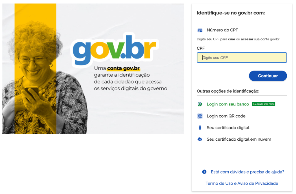 Tela de login do gov.br solicitando CPF para acessar a conta, com opções como login pelo banco e QR code.