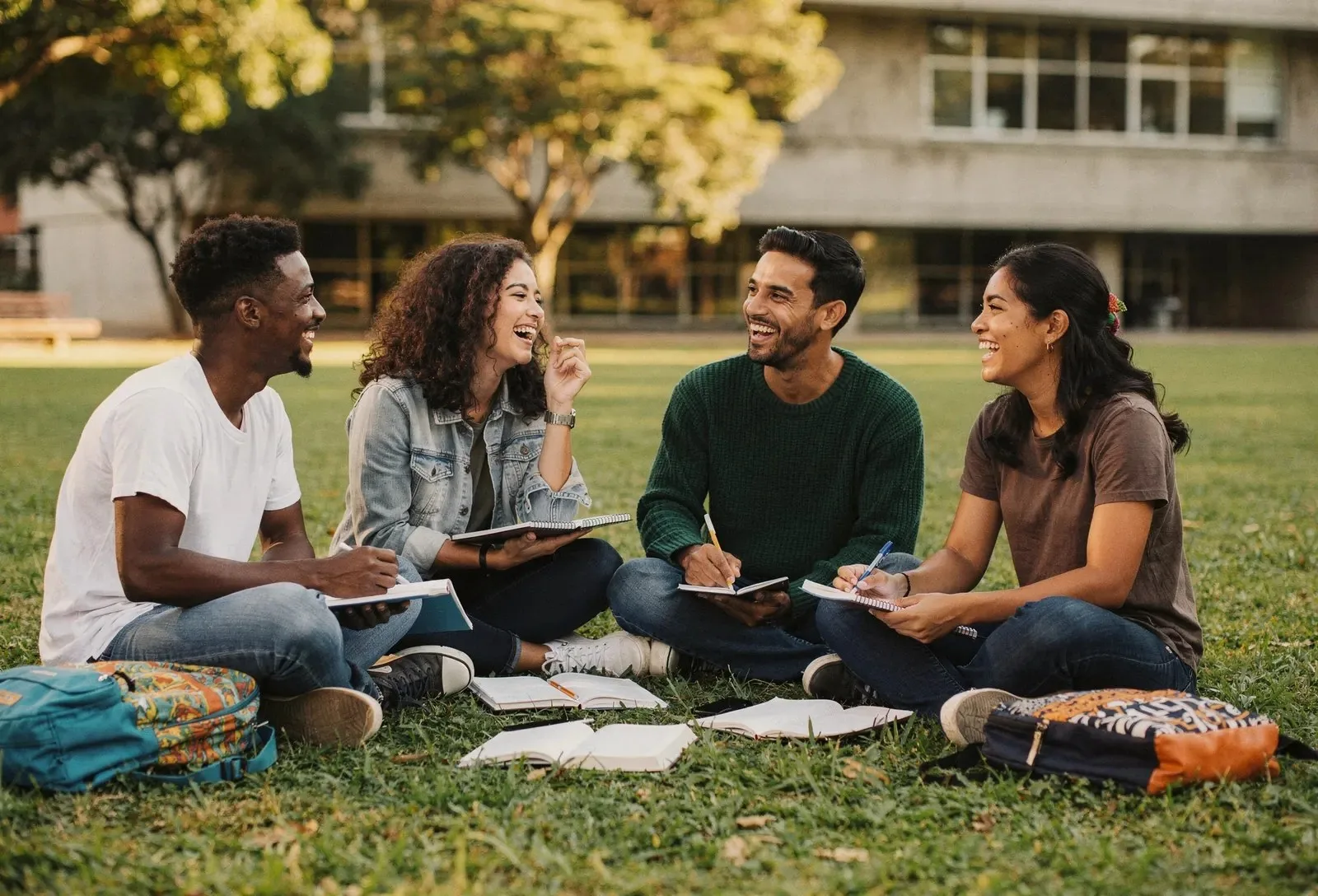 Três estudantes sorrindo sentados na grama do campus com cadernos