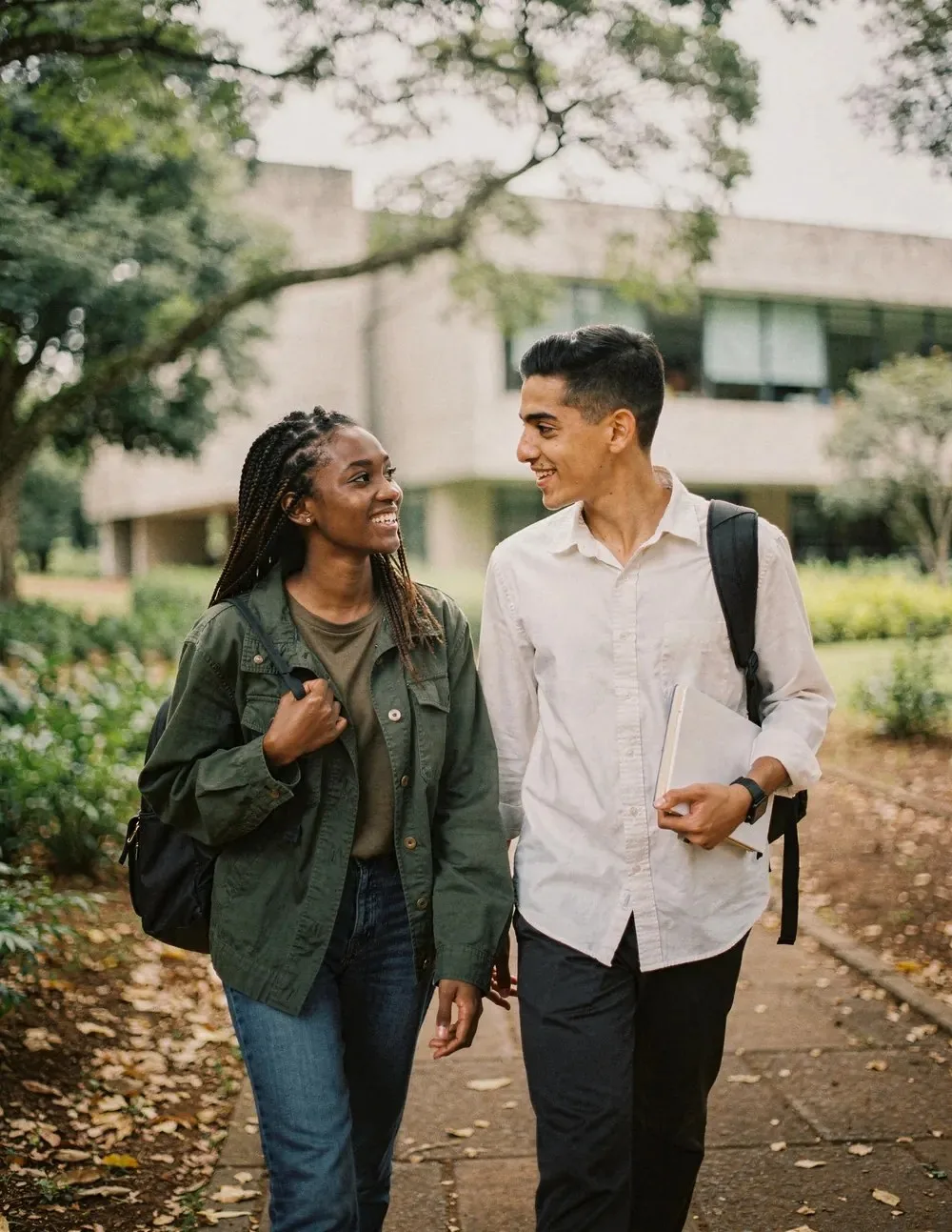 Dois estudantes conversando e sorrindo enquanto caminham pelo campus